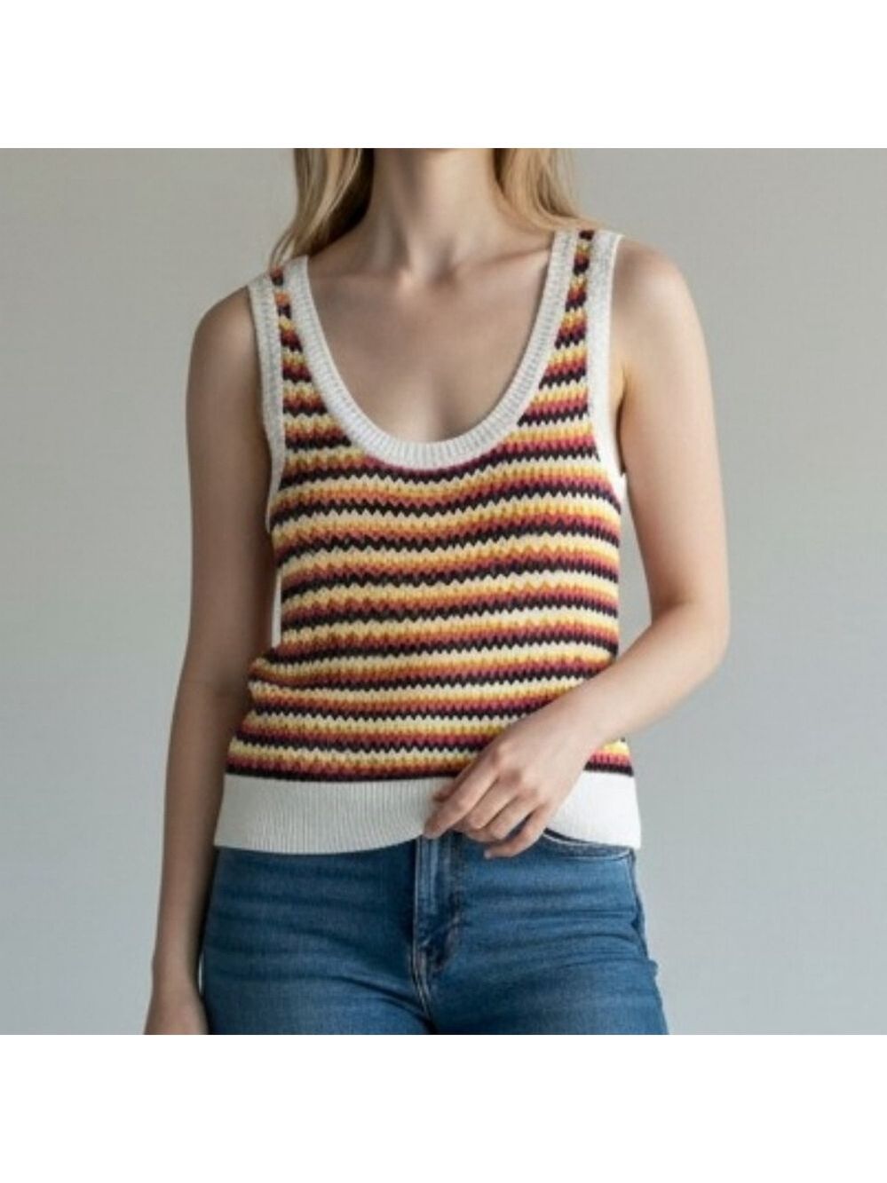 B.B Dakota Striped Knit Tank Top Sleeveless Scalloped Hem Size S Retro Y2K